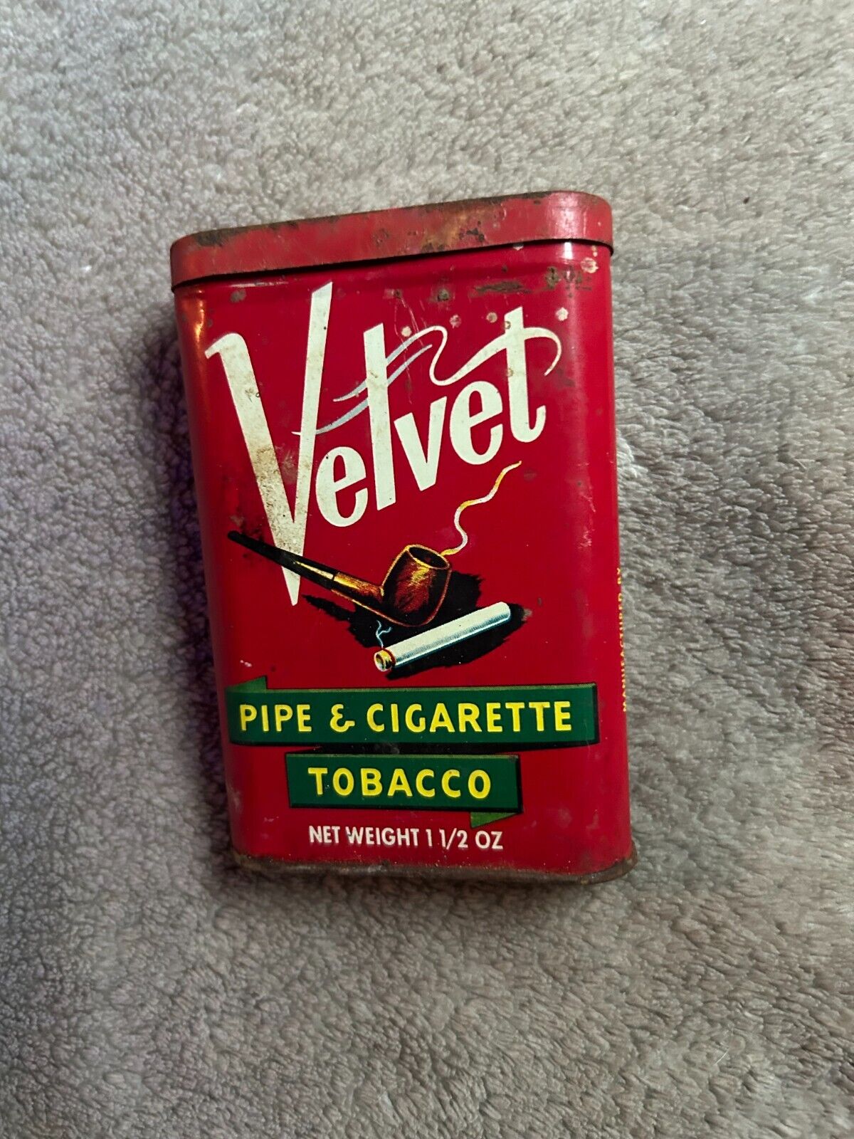 Vintage Velvet Pipe And Cigarette Tobacco Tin With Flip Top Lid