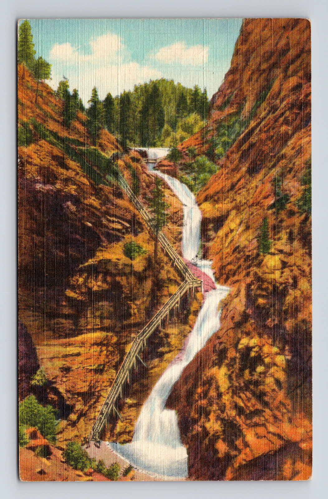 c1944 Linen Postcard South Cheyenne Canyon CO Colorado Seven Falls Waterfall