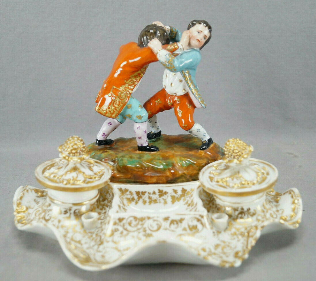 Jacob Petit Paris Boys Fighting Figurine & Gold Rococo Inkwell Stand C.1830-1866