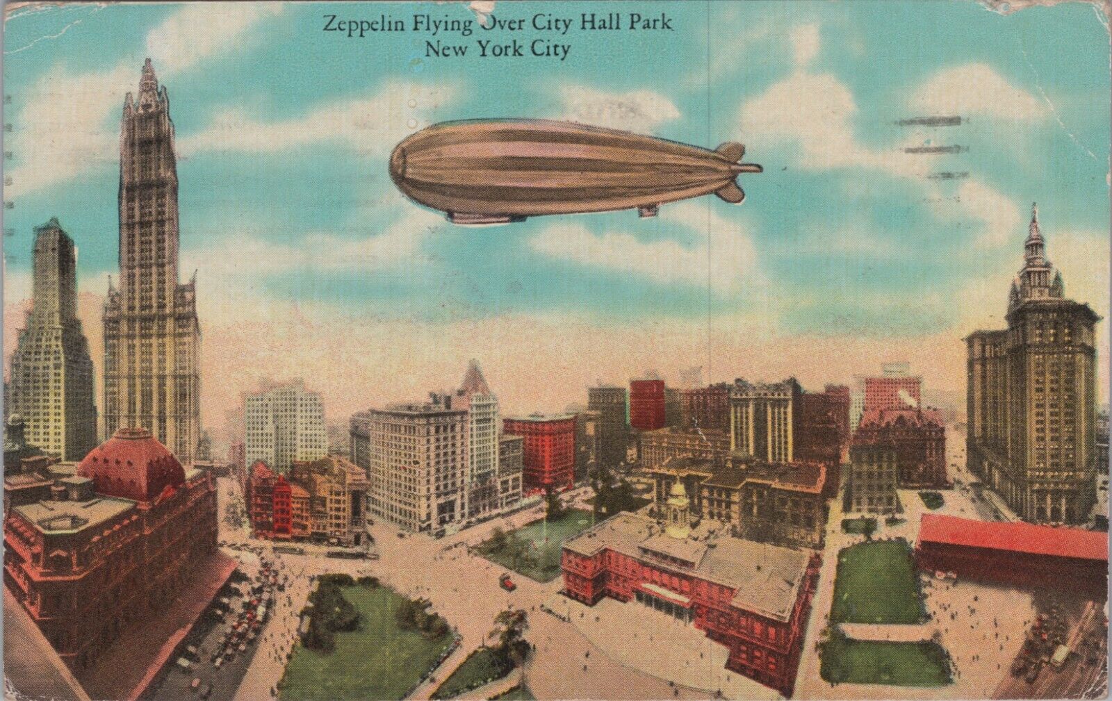 1930 Postcard Zepplin Flying over Ohio City Hall Park, New York NY B4630d2