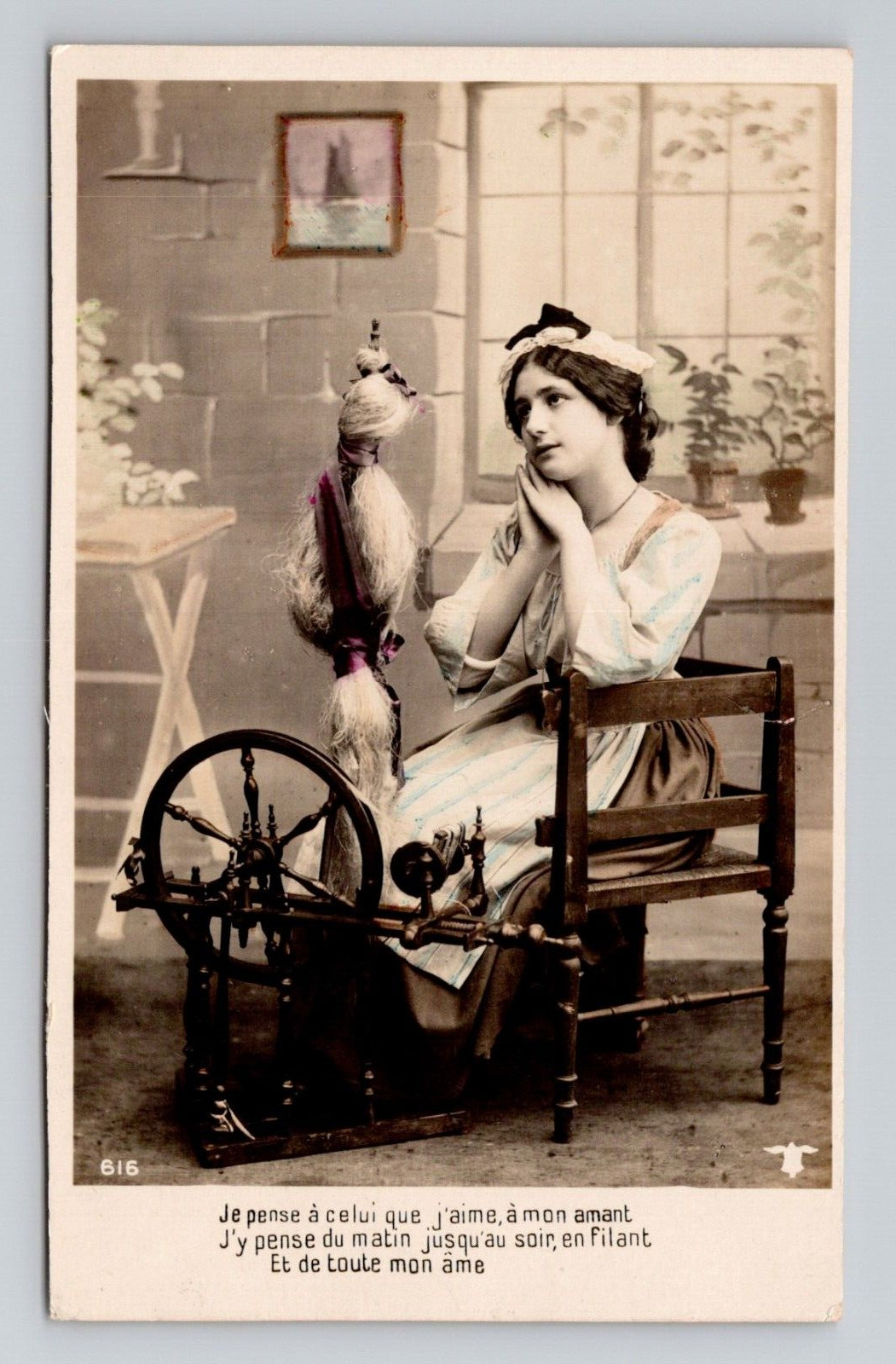 RPPC French Woman w/ Spinning Wheel Day Dreaming, Colorized Antique O10