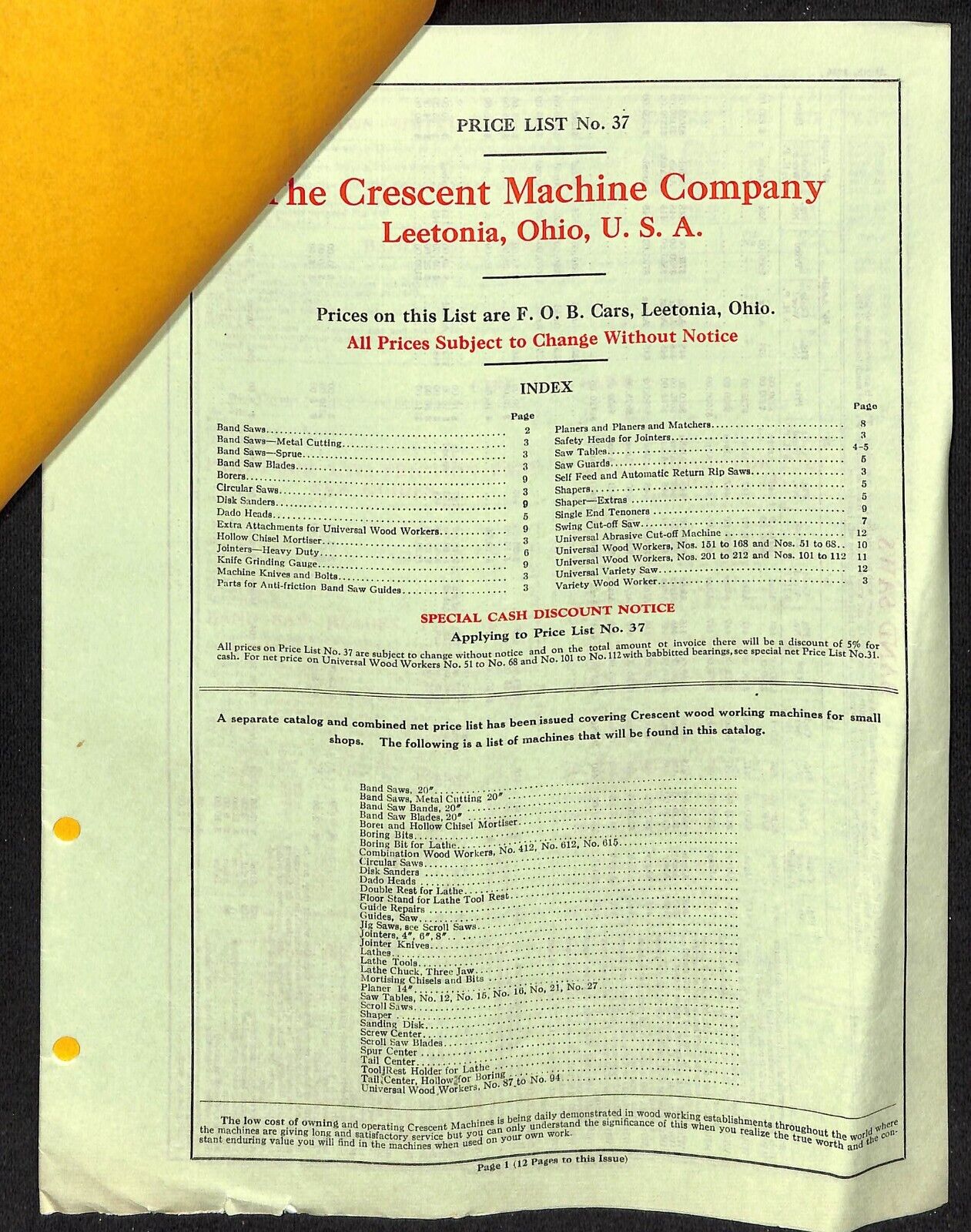 Crescent Machine Co. 1937 12pp Price list, Letterhead & Bulletin VGC - Scarce