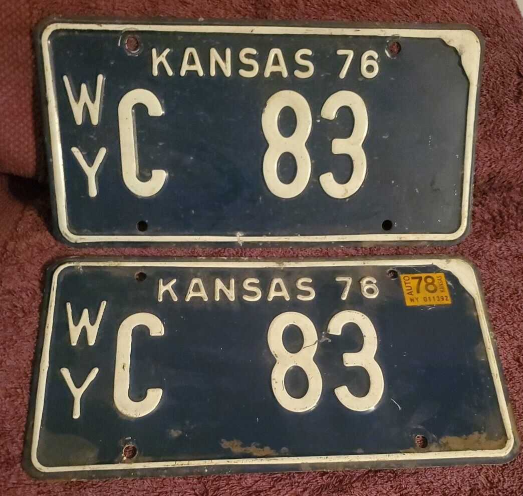 1976 Pair Kansas License Plate Chevrolet Engine Size C 83 Wyandotte County WY