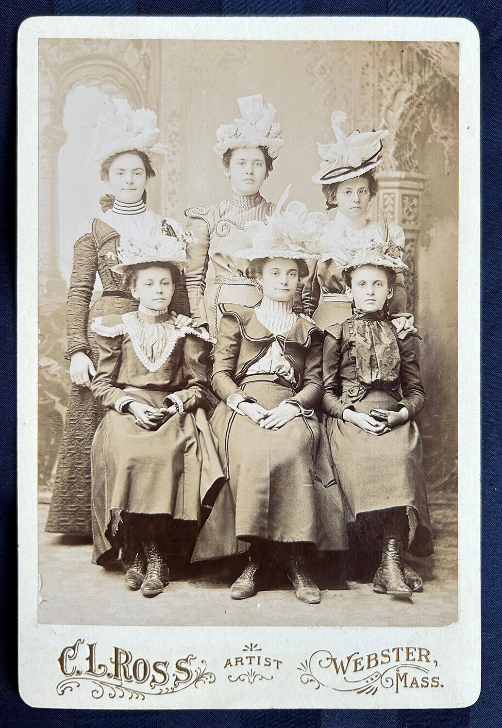Six Young Women Hats Studio Portrait Painted Backdrop Cabinet Card Photograph