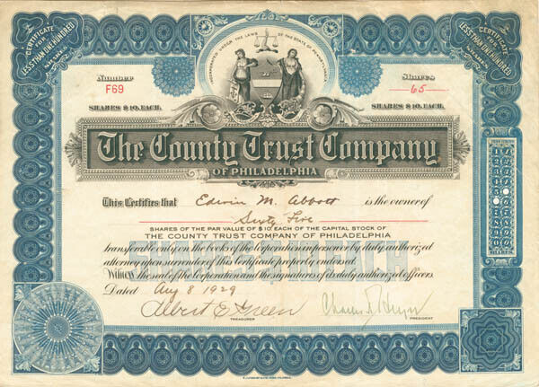 County Trust Company of Philadelphia - Stock Certificate