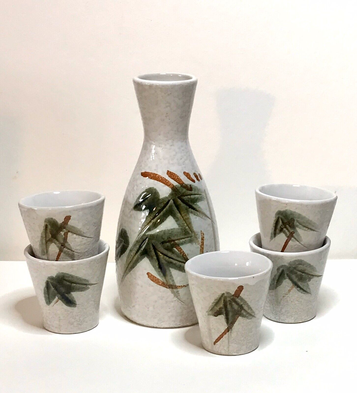 Vintage Japanese Sake Set Bamboo Motif One Bottle Five Cups Hand Crafted MCM
