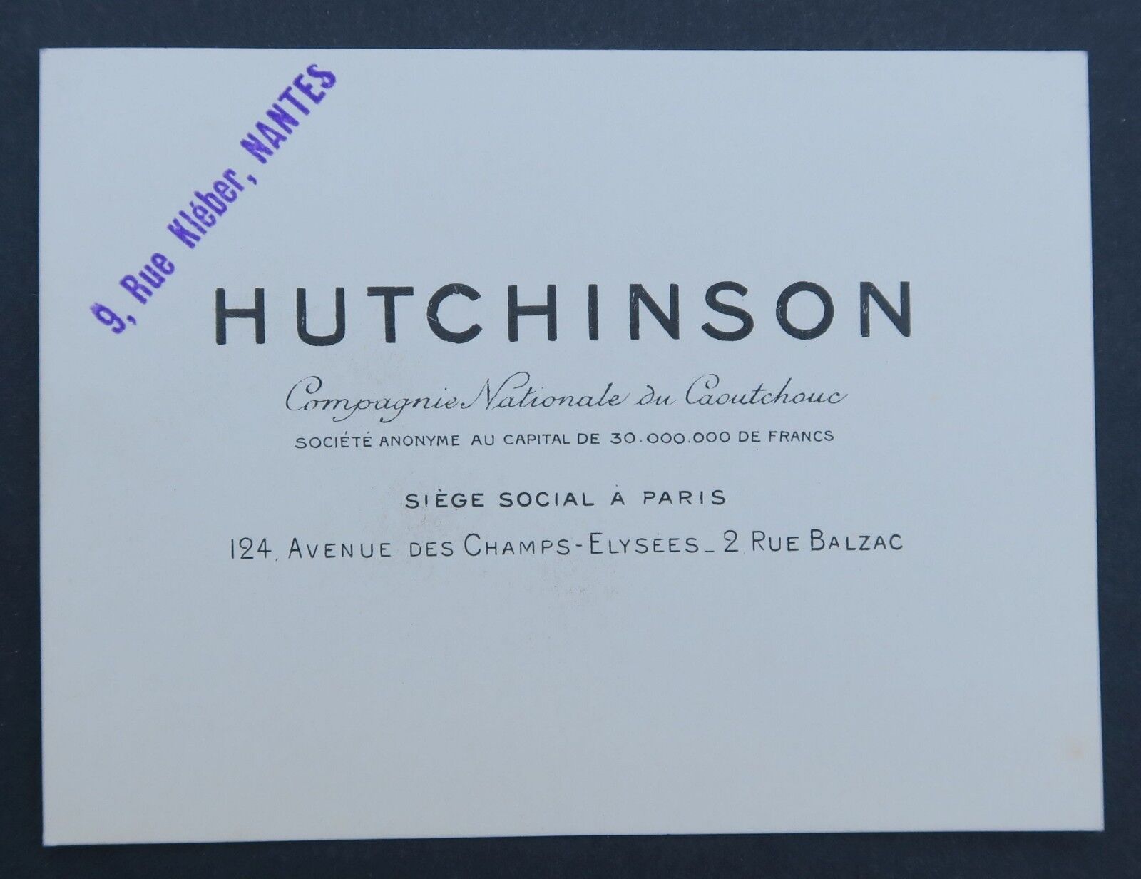 HUTCHINSON business card Michelin tire rubber tyre Nantes old visit card