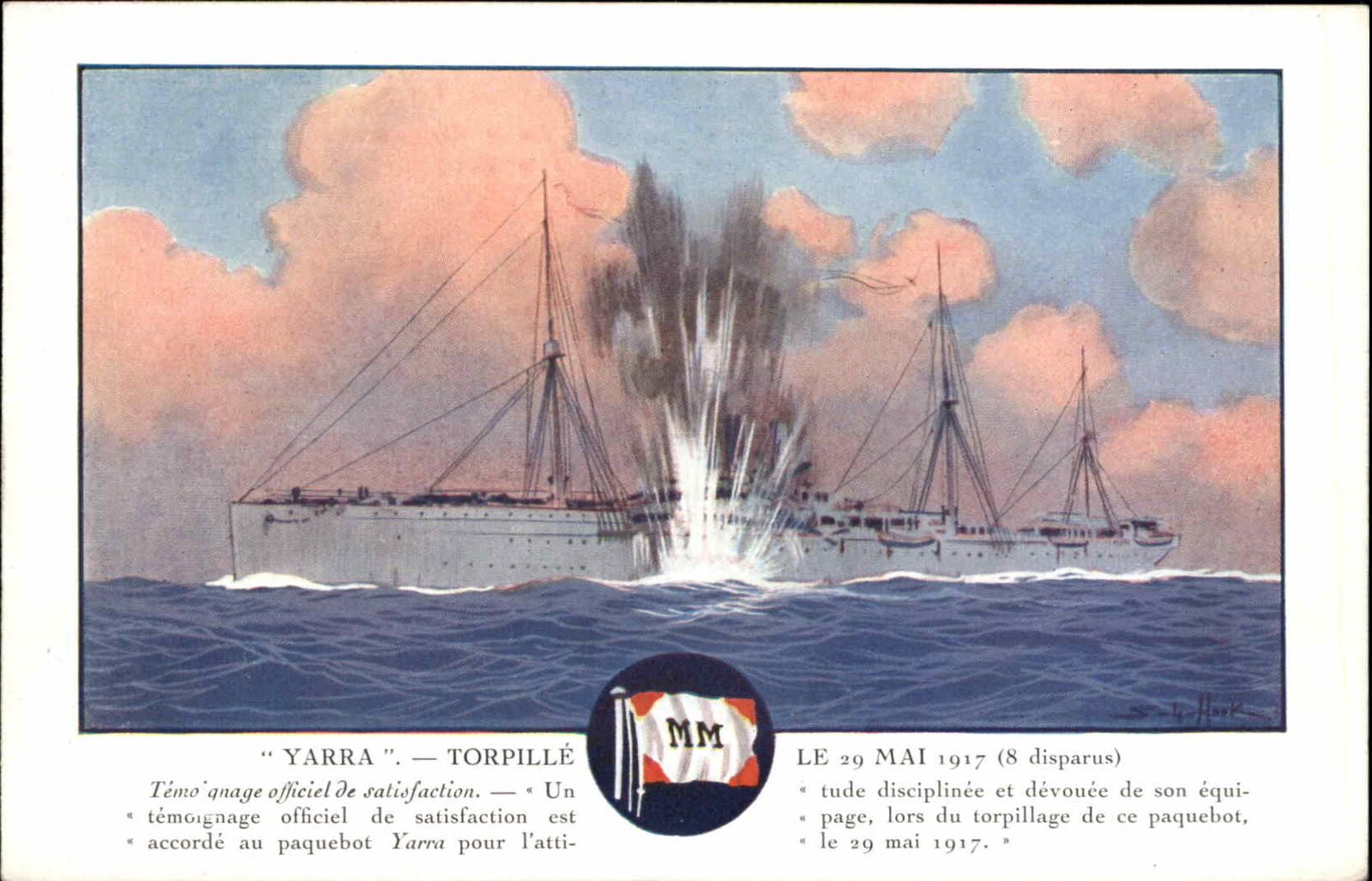Naval Battleship YARRA Hit by Torpedo MM Flag 1917 WWI Messageries Maritimes