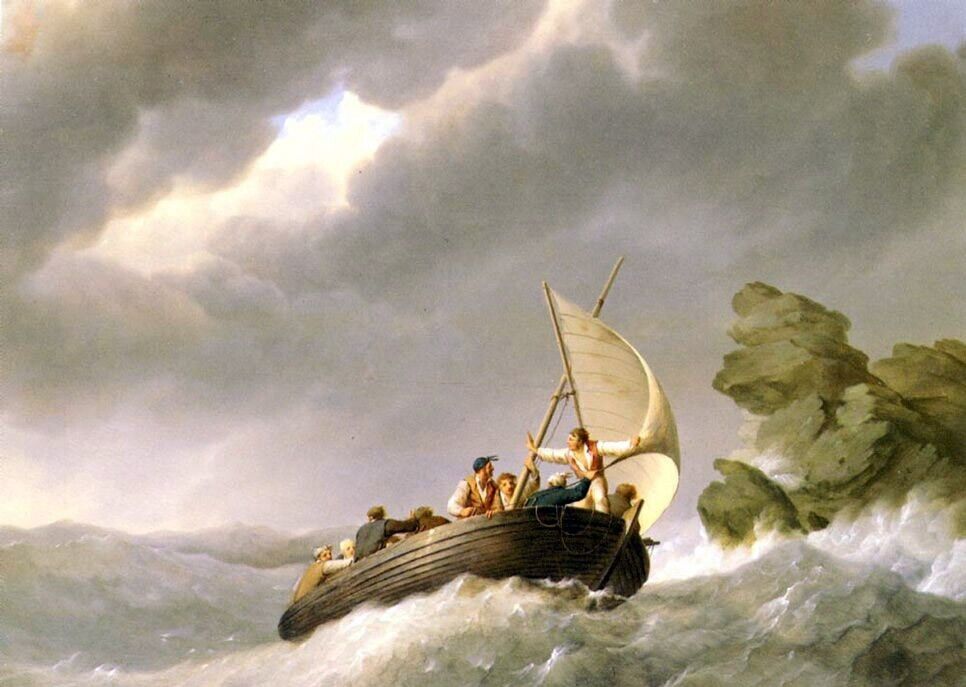 Oil painting Hermanus Koekkoek The Elder Sailing the stormy seas seascape waves