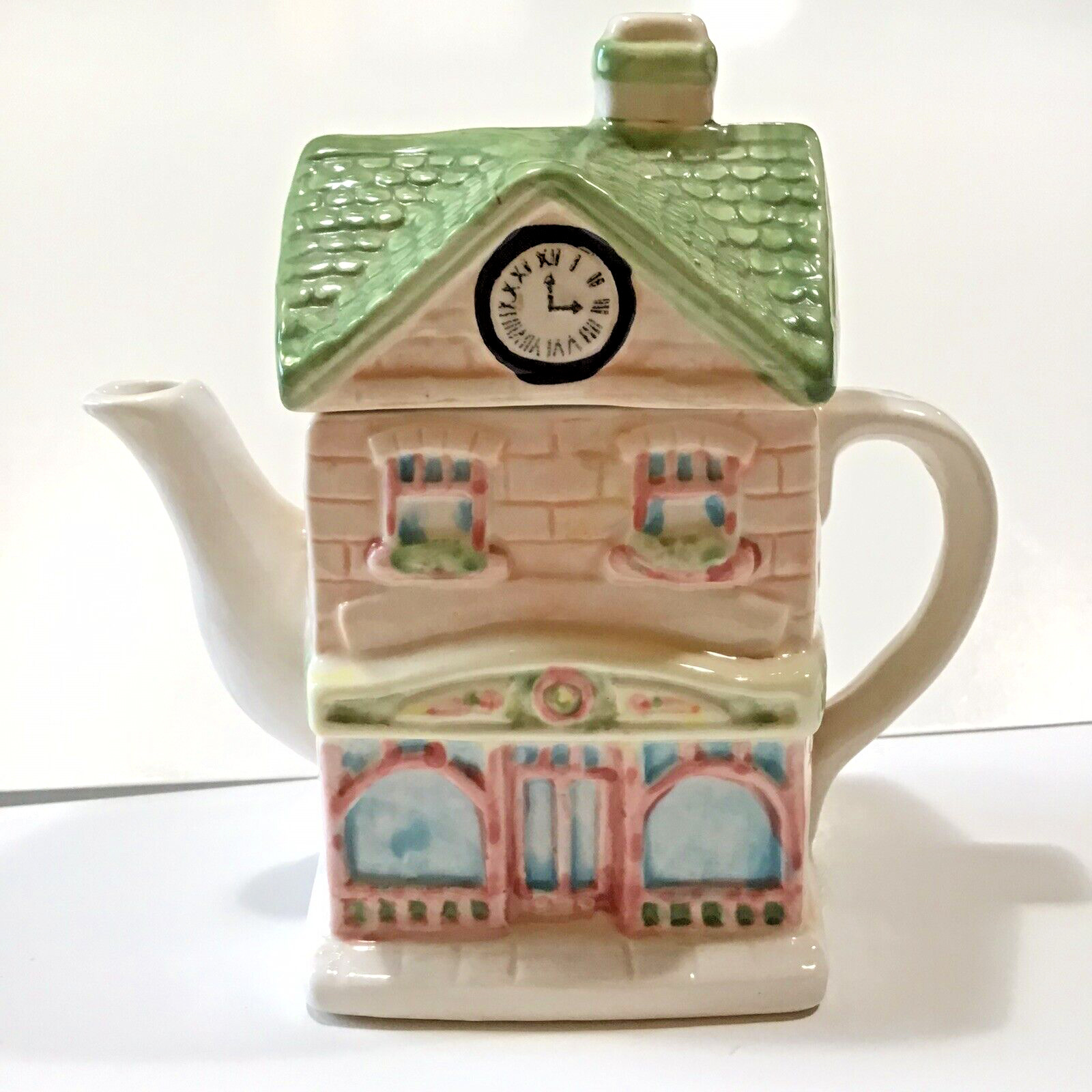 VTG Cottage Shop-Shaped Teapot with Lid Ceramic Country Collectible Pastel