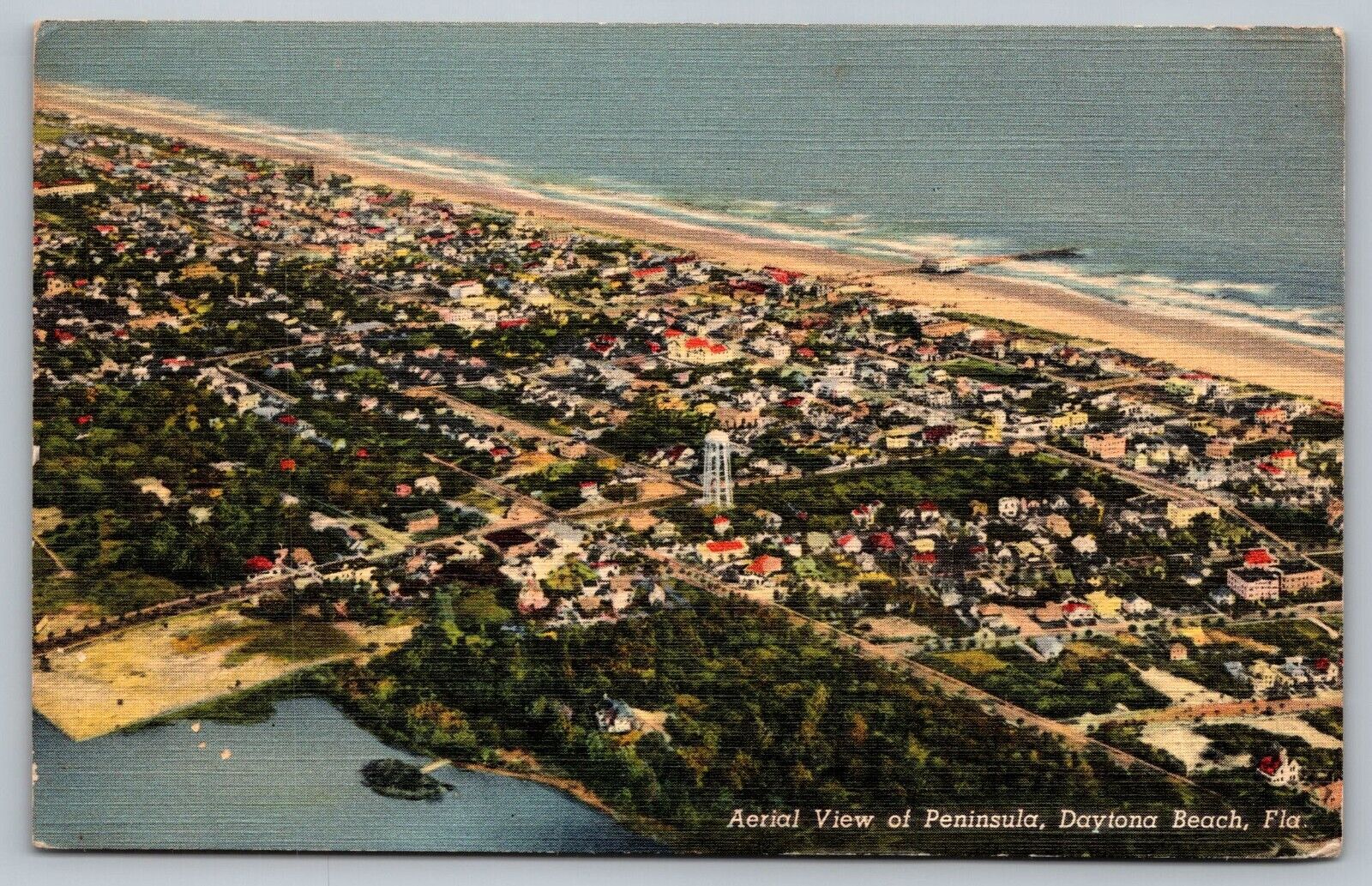 Postcard  Aerial View Peninsula Daytona Beach Florida Water Tower Beach FL Linen