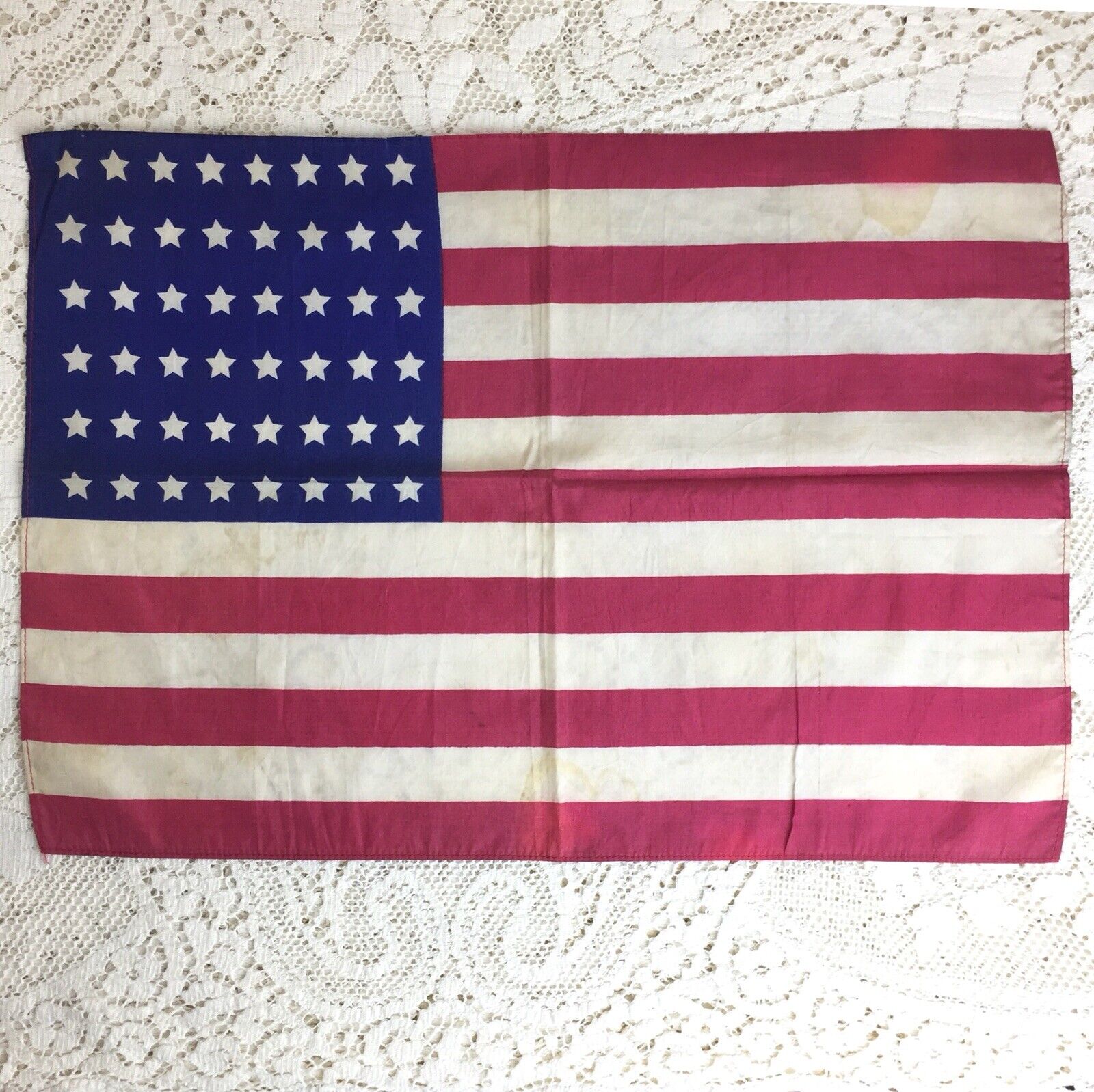 Vintage American 48 Star Parade Flag 40s Silk Hand Banner 12 x 17 WW2 Primitive
