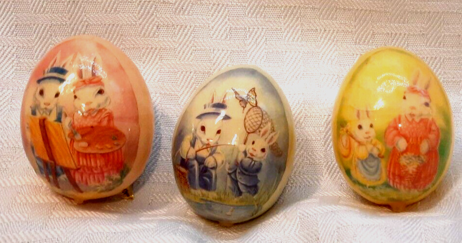 Vintage Ceramic Easter Eggs - Set of three- Rabbit Graphics