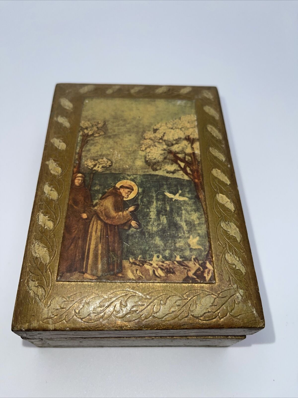 Vintage Wood Hinged Trinket Box Of St Francis Of Assisi “Preaching To The Birds”
