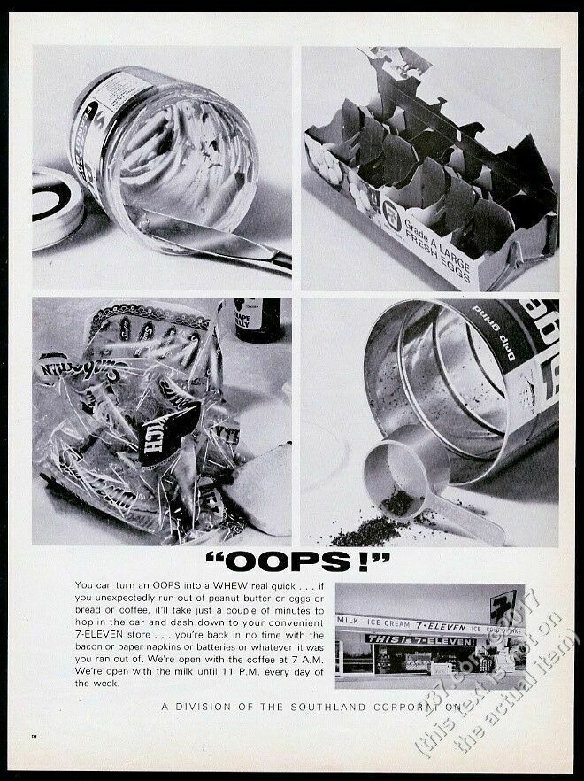 1966 7-11 7-Eleven convenience store eggs coffee bread photo vintage print ad
