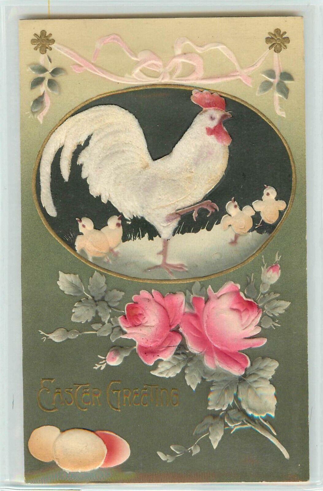 c1907 Embossed Easter Postcard Egg Vignette Rooster & Chicks Velveteen Applique