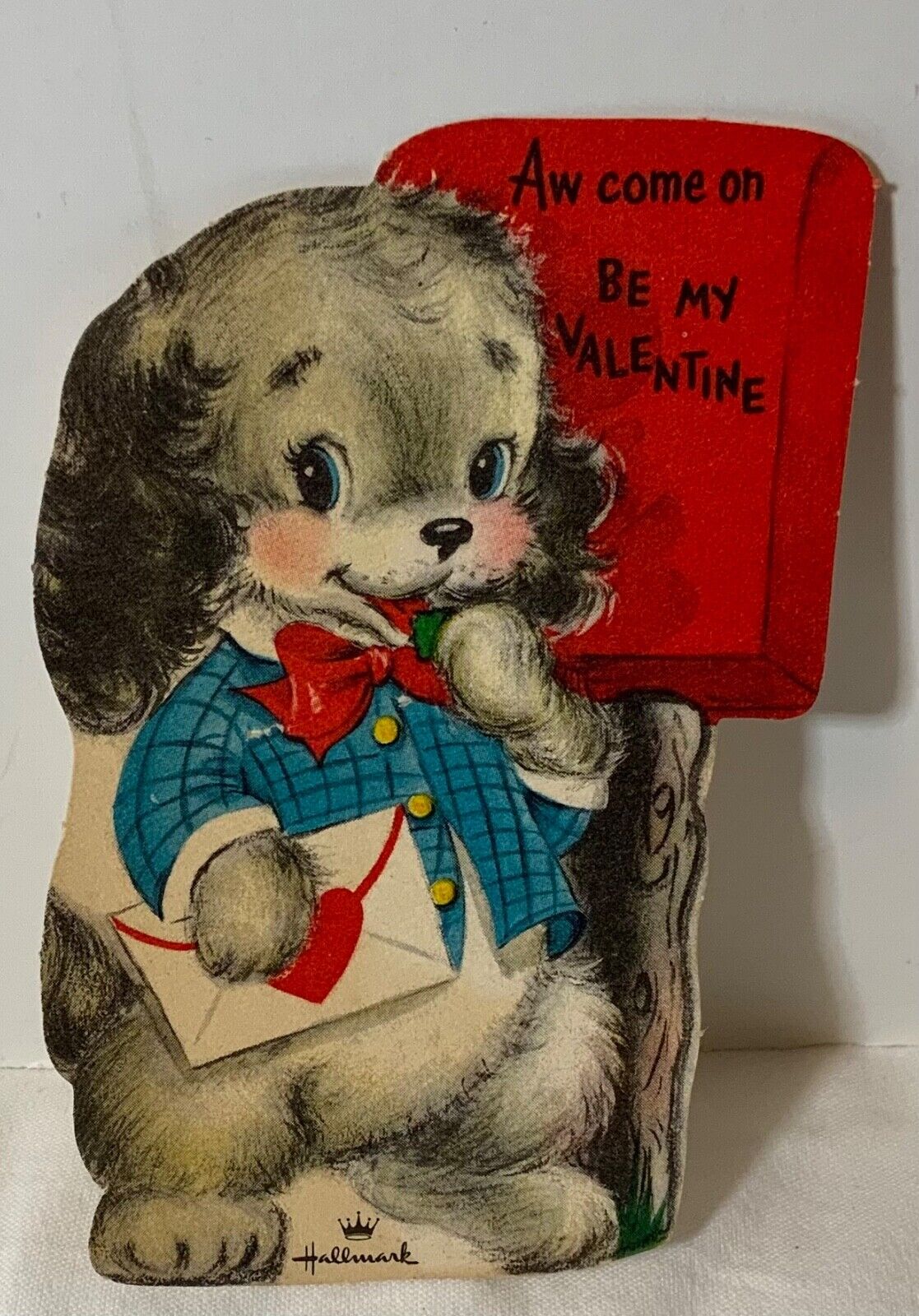 VTG DieCut Hallmark Valentine Day Card Anthropomorphic Puppy Dog “Aw Come On”