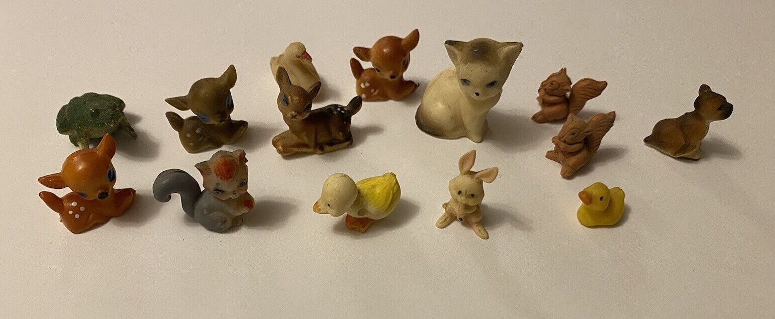 LOT of 14 Vintage Plastic Miniatures ANIMAL FIGURINES Cat Dog Ducks Deer Etc.