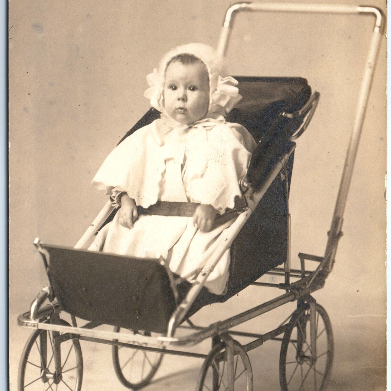 ID\'d c1910s Adorable 10mo Baby Girl RPPC Cute Stroller Real Photo PC Rogers A122