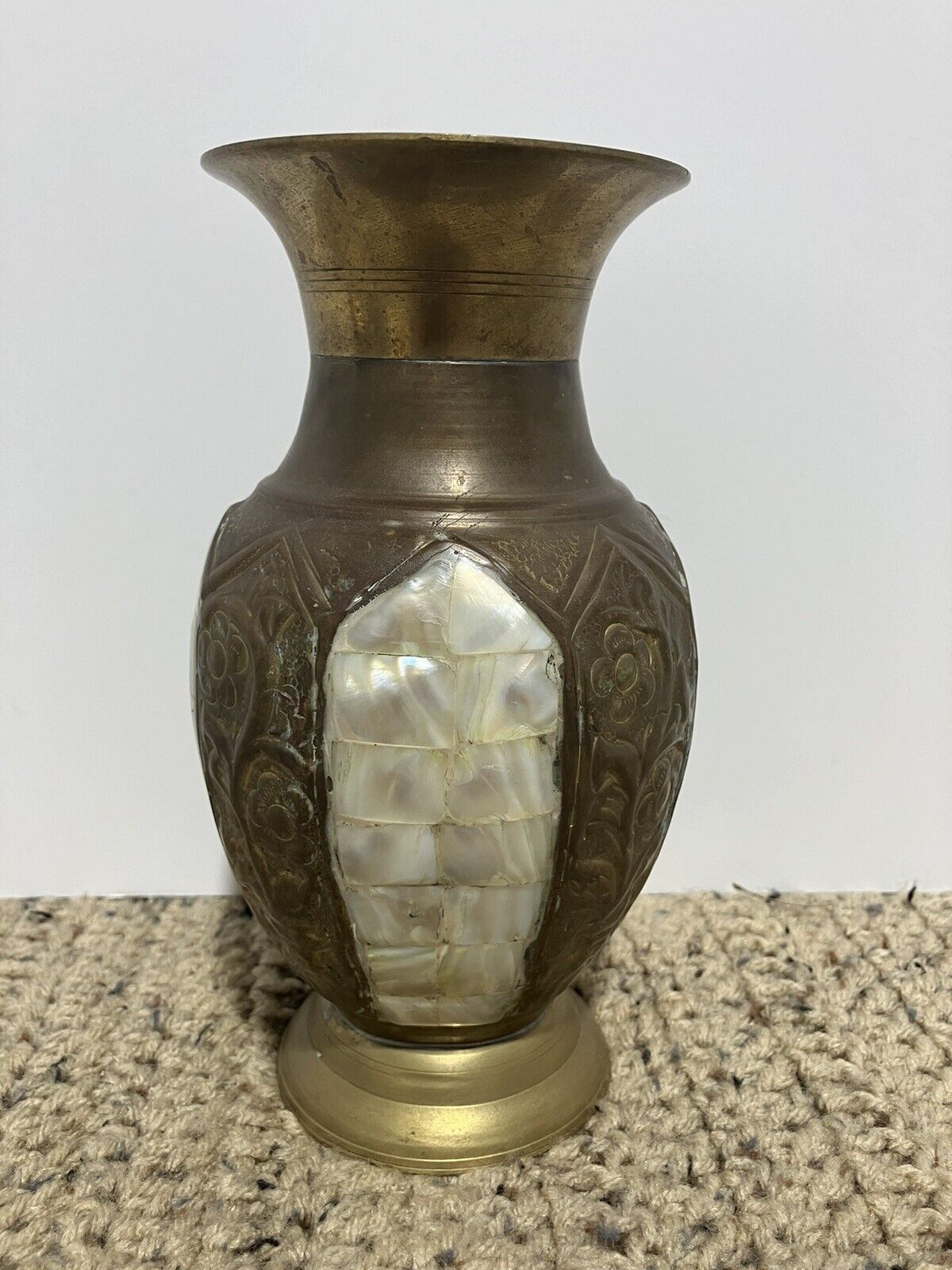 Beautiful Vintage Brass Vase w/Mother of Pearl Inlay. 8” Tall. India.