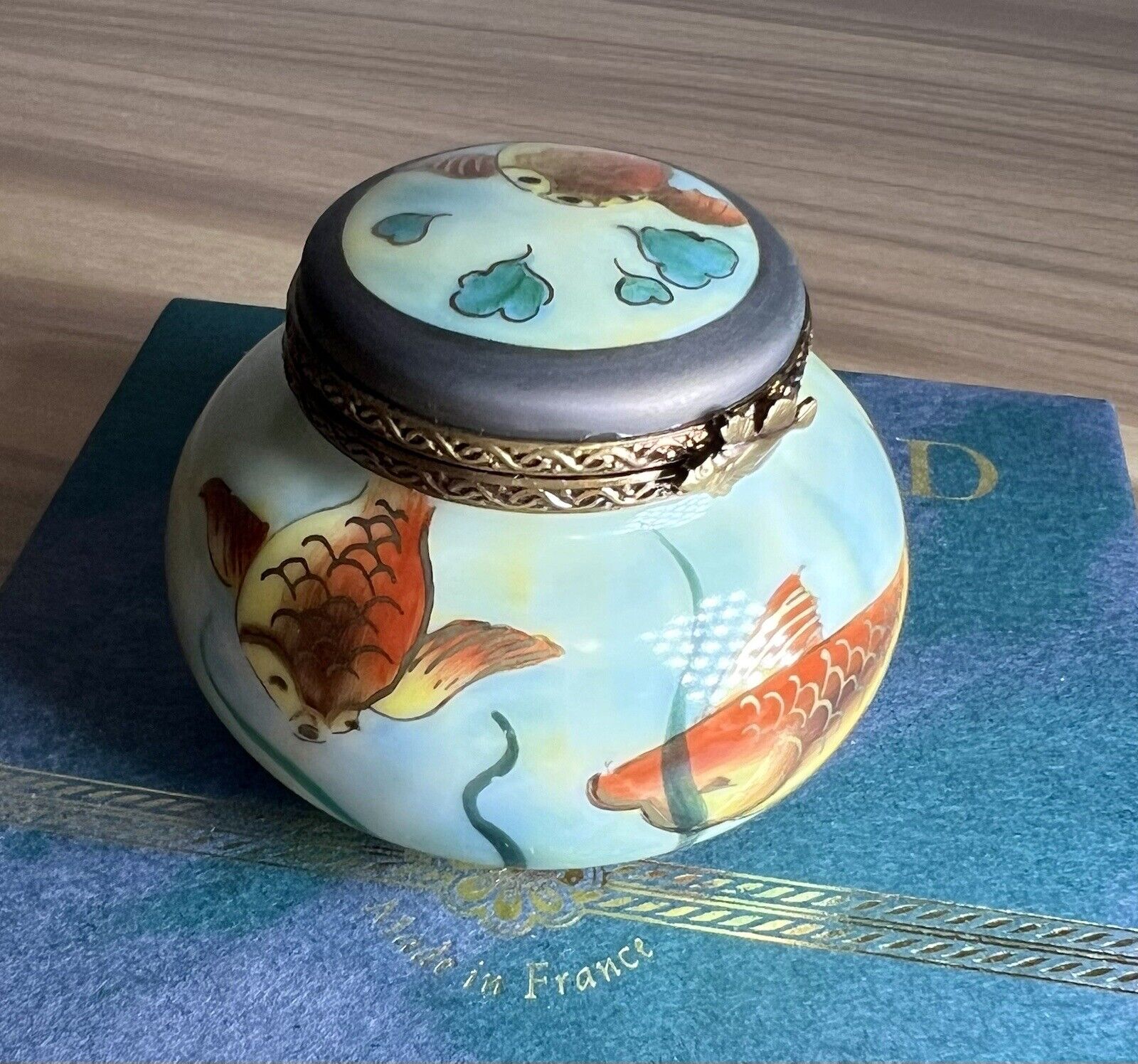 Rochard Limoges France Porcelain Trinket Box Koi Fish Bowl Jar Hand Painted