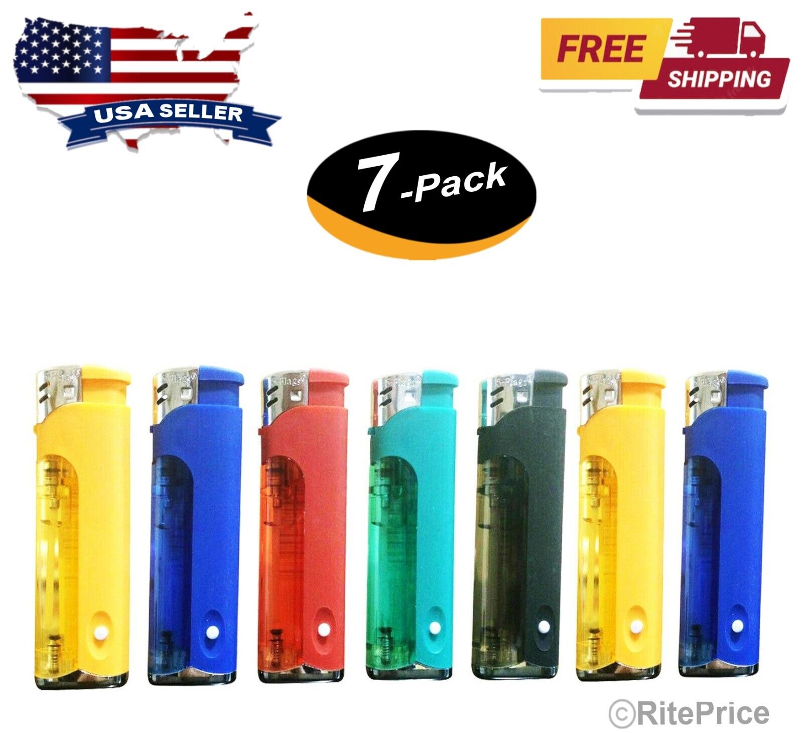 (7 Lighters) 5-Flags Refillable Butane Flame (Colored LED Flashlight), AST Color