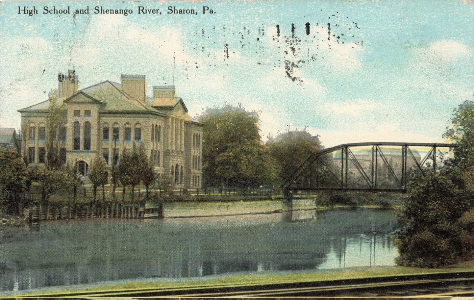 Sharon PA Pennsylvania, High School & Shenango River, Vintage Postcard