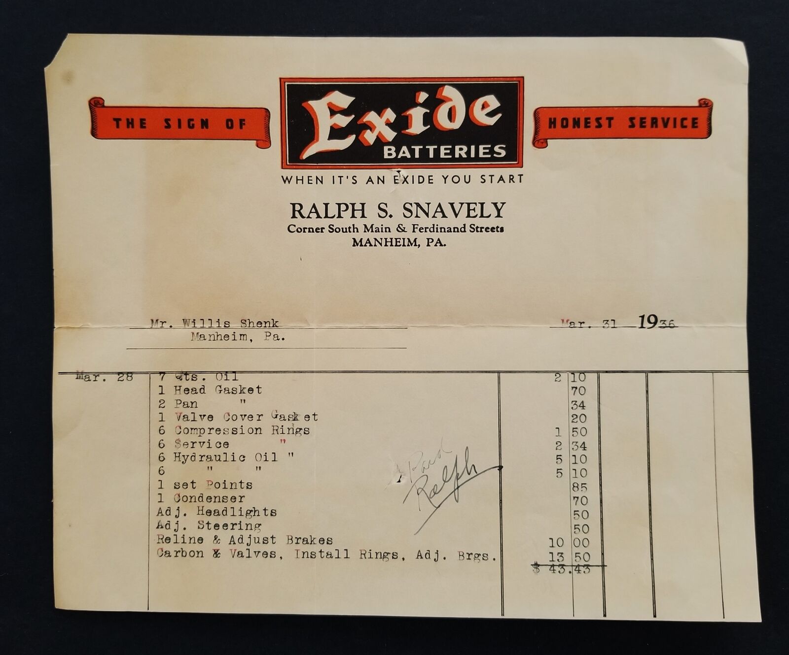 1936 antique EXIDE BATTERIES manheim pa RALPH SNAVELY automobile parts BILLHEAD