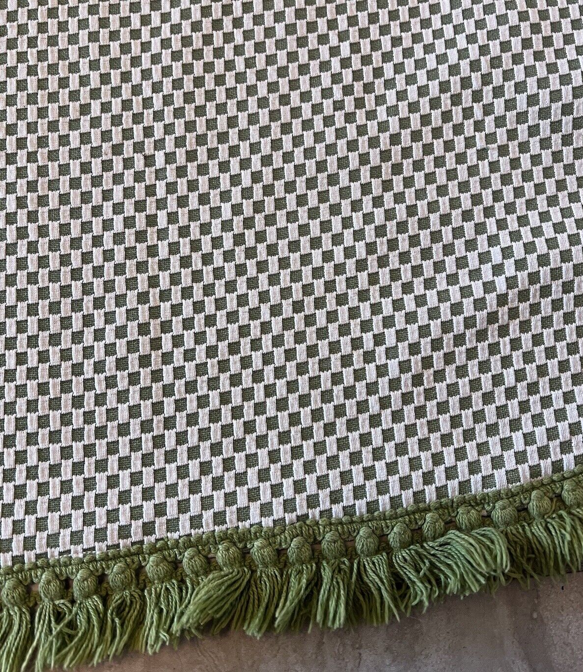 Vintage MCM Avocado Green And White Cloth Tablecloth With Fringe 116 X70 Inches.
