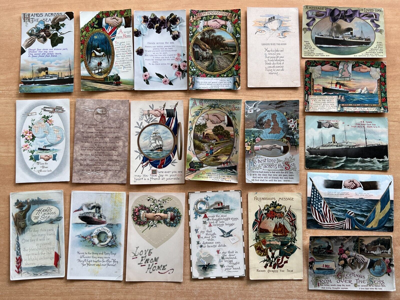 20 Antique Postcards HANDS ACROSS THE SEA Hands Lot WWI BIPLANES SHIPS 1909-1922