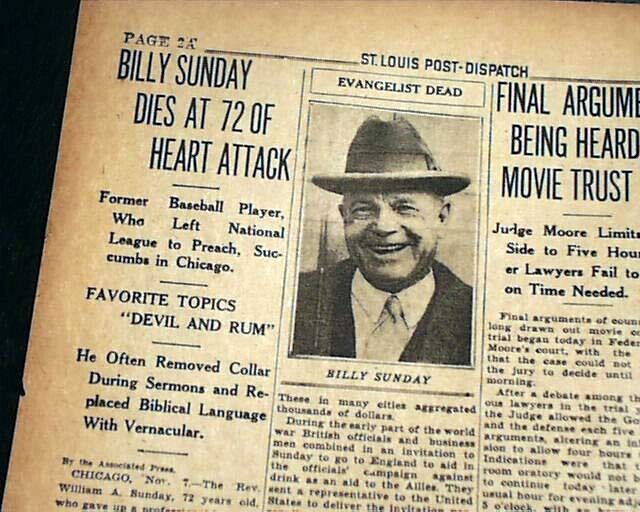 BILLY SUNDAY American Evangelist MLB Baseball Player DEATH Photo 1935 Newspaper