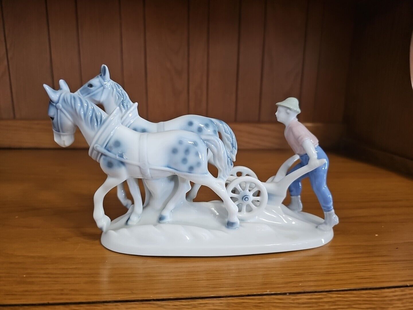 GEROLD PORZELLAN BAVARIA PORCELAIN WORK HORSES WITH FARMER & PLOW FIGURINE, 4900
