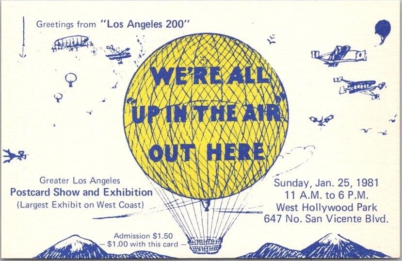 1981 Los Angeles California Postcard Show Advertising Card / Hot Air Balloon