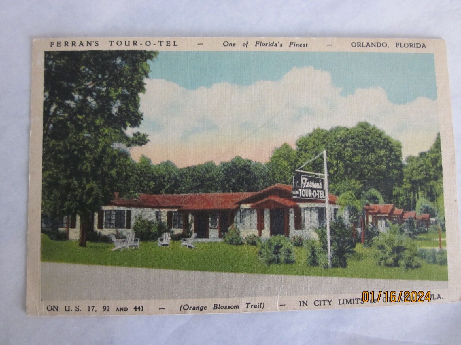 Vintage Post Card, Ferrans Tour-O-Tel  Motor Court, Orlando, Florida 1930\'s