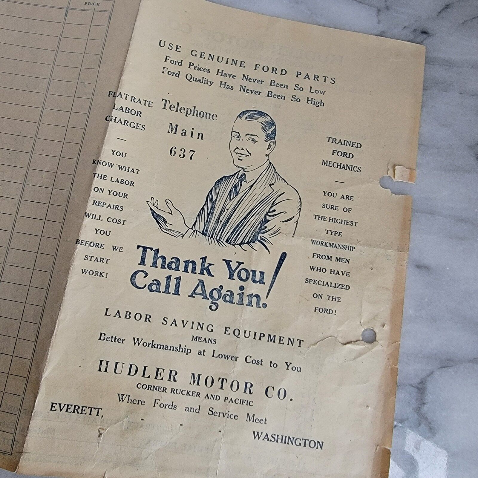 1929 Ford Car Repair Invoice Receipt Everett, Washington Hudler Motor Co VTG