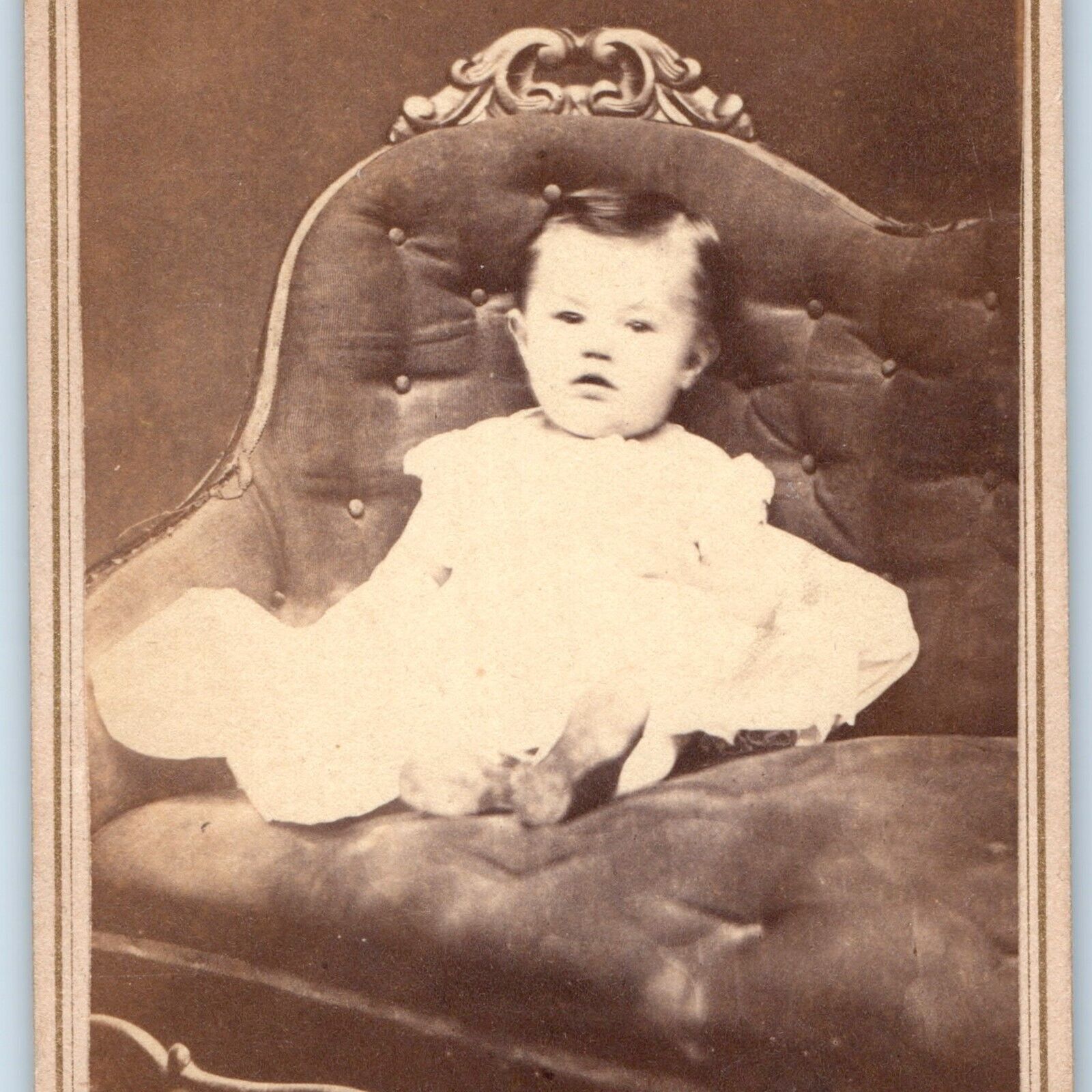ID\'d c1860s Cute Baby Boy Fancy Couch CdV Photo Card Named Clarence Moulton H26