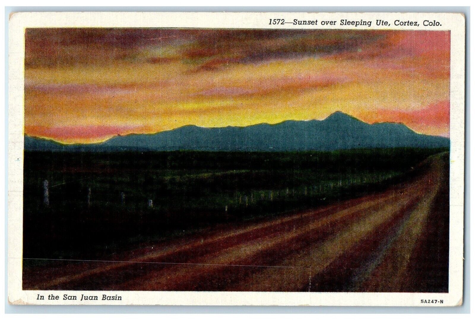 c1930's View Of Sunset Over Sleeping Ute Cortez Colorado CO Vintage Postcard
