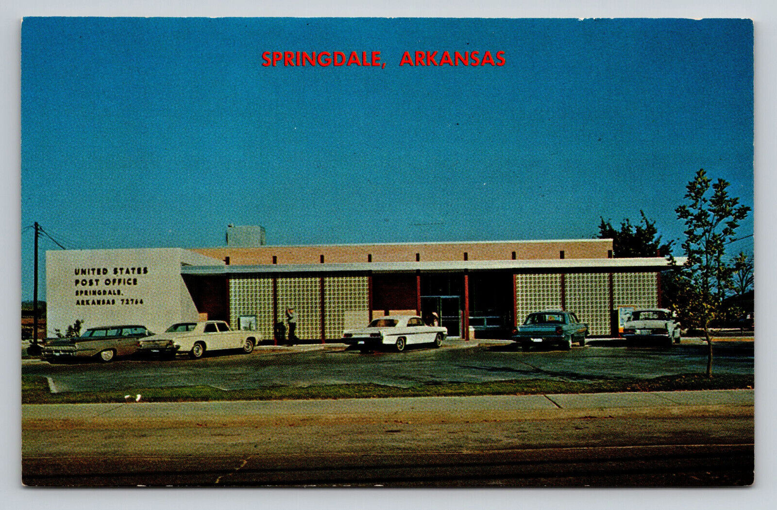 Springdale Arkansas Post Office 1960s Cars AR Postcard