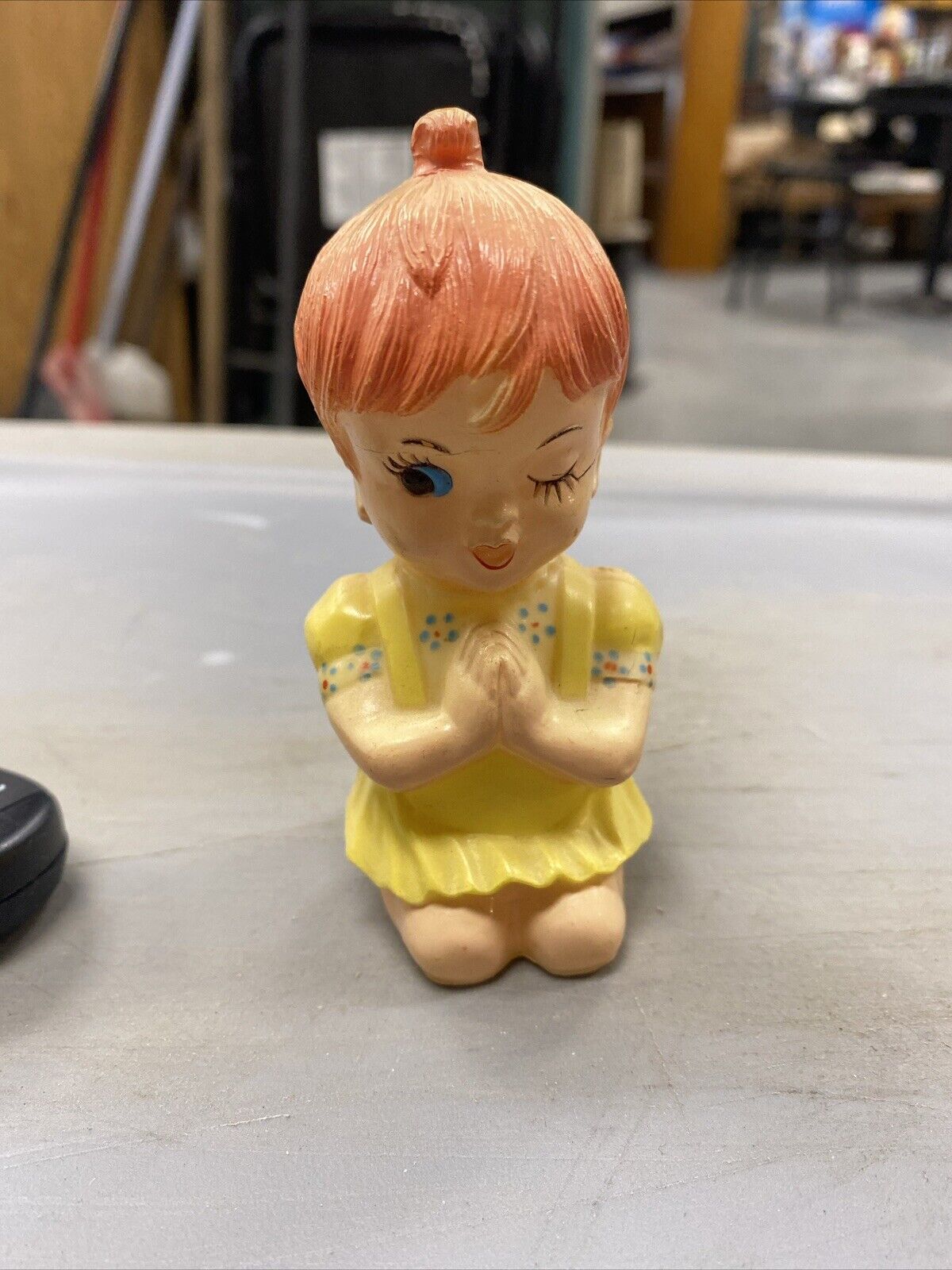 Vintage Praying Girl Yellow Dress Winking Miniature Figurine Kneeling