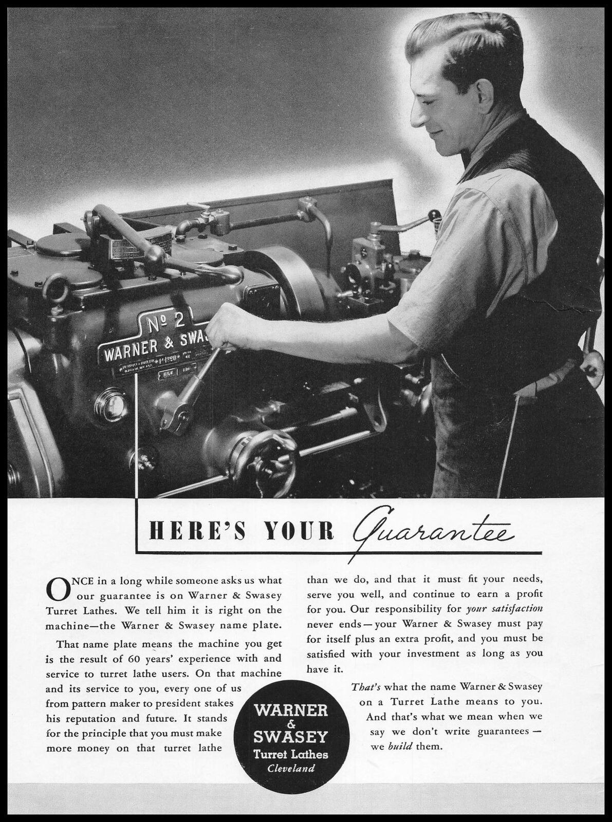 1940 Warner & Swasey Turret Lathes Cleveland Ohio Guarantee Vintage Print Ad