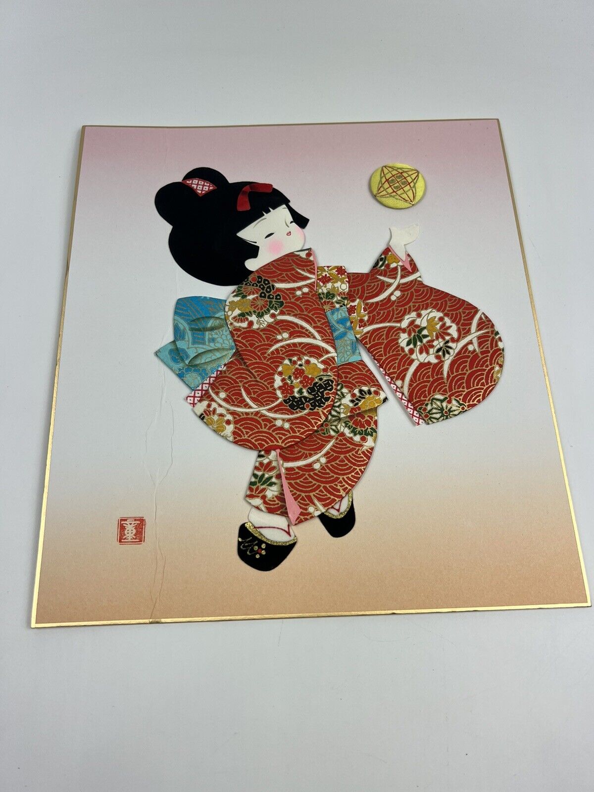 Vintage Japanese Silk Puffy Art Little Geisha Girl Wall Art FLAW