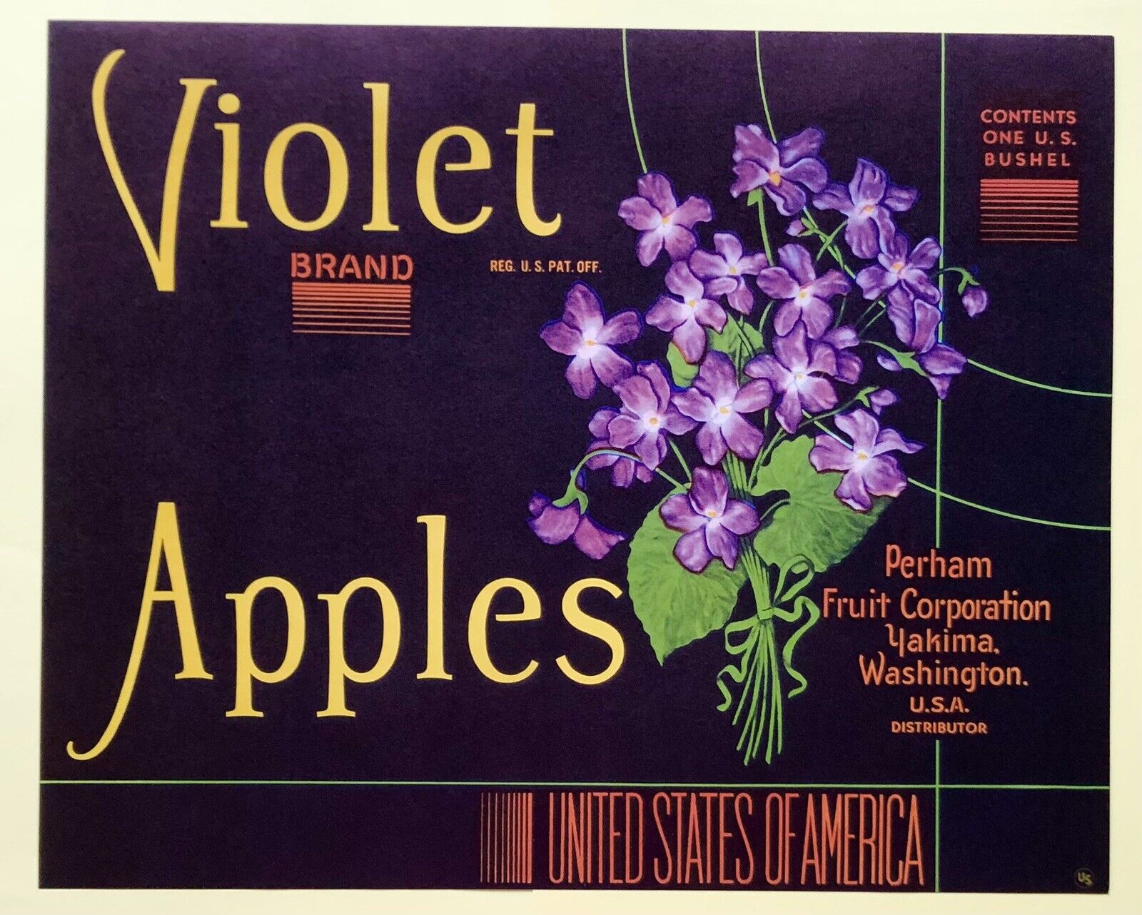 NOS Vintage 1940s Violet Brand Apples Crate Label Yakima Washington