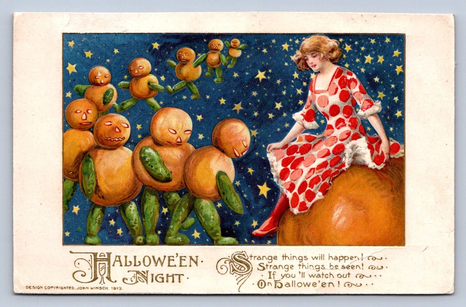 J99/ Halloween Postcard Holiday c1910 John Winsch Pumpkin Men Lady 484