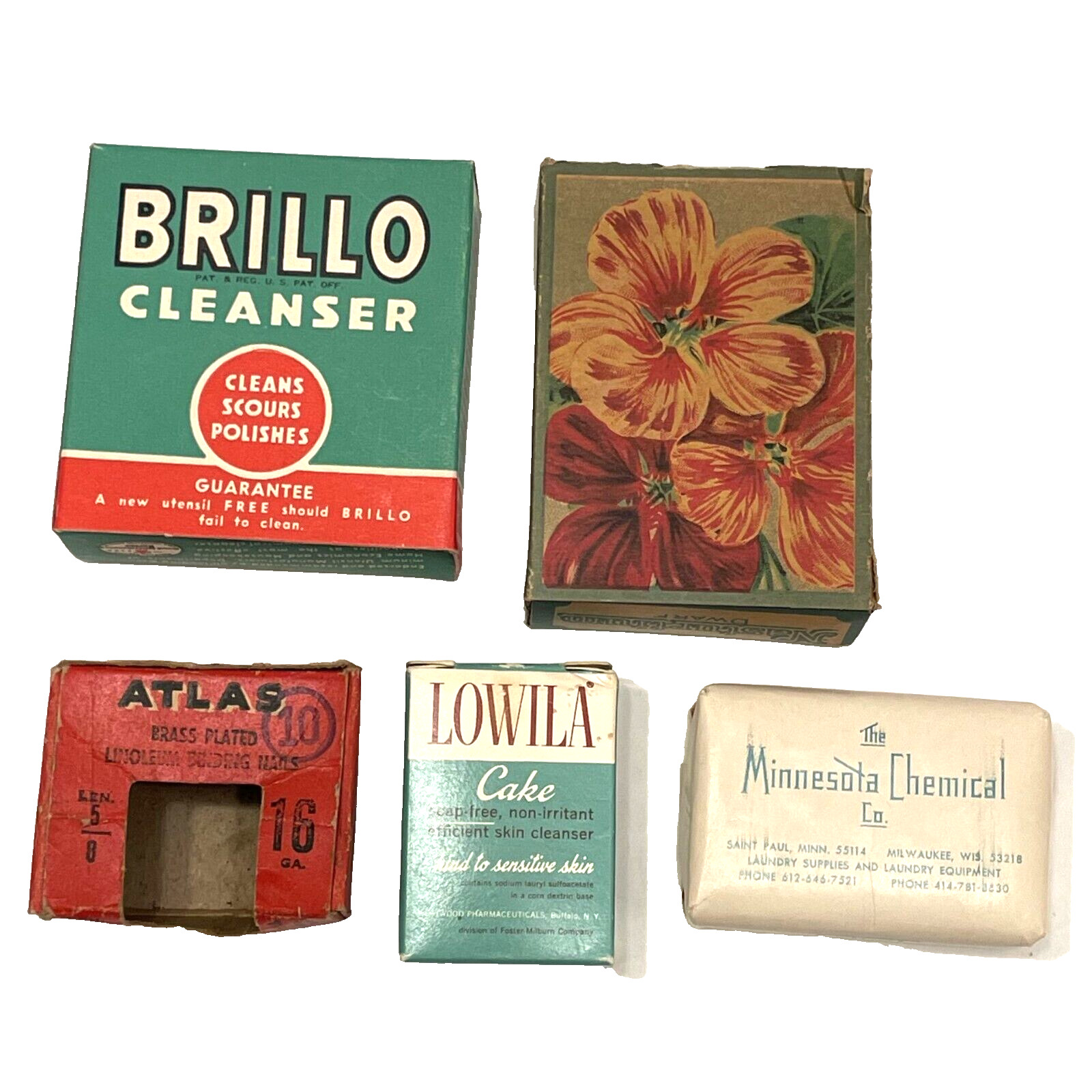 Vintage Boxes Lot of 5 Brillo Nasturtium Seeds Atlas Nails Soap Lowila Minnesota