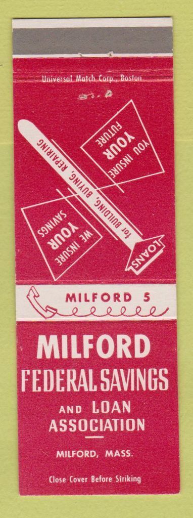 Matchbook Cover - Milford Federal Savings and Loan Milford MA