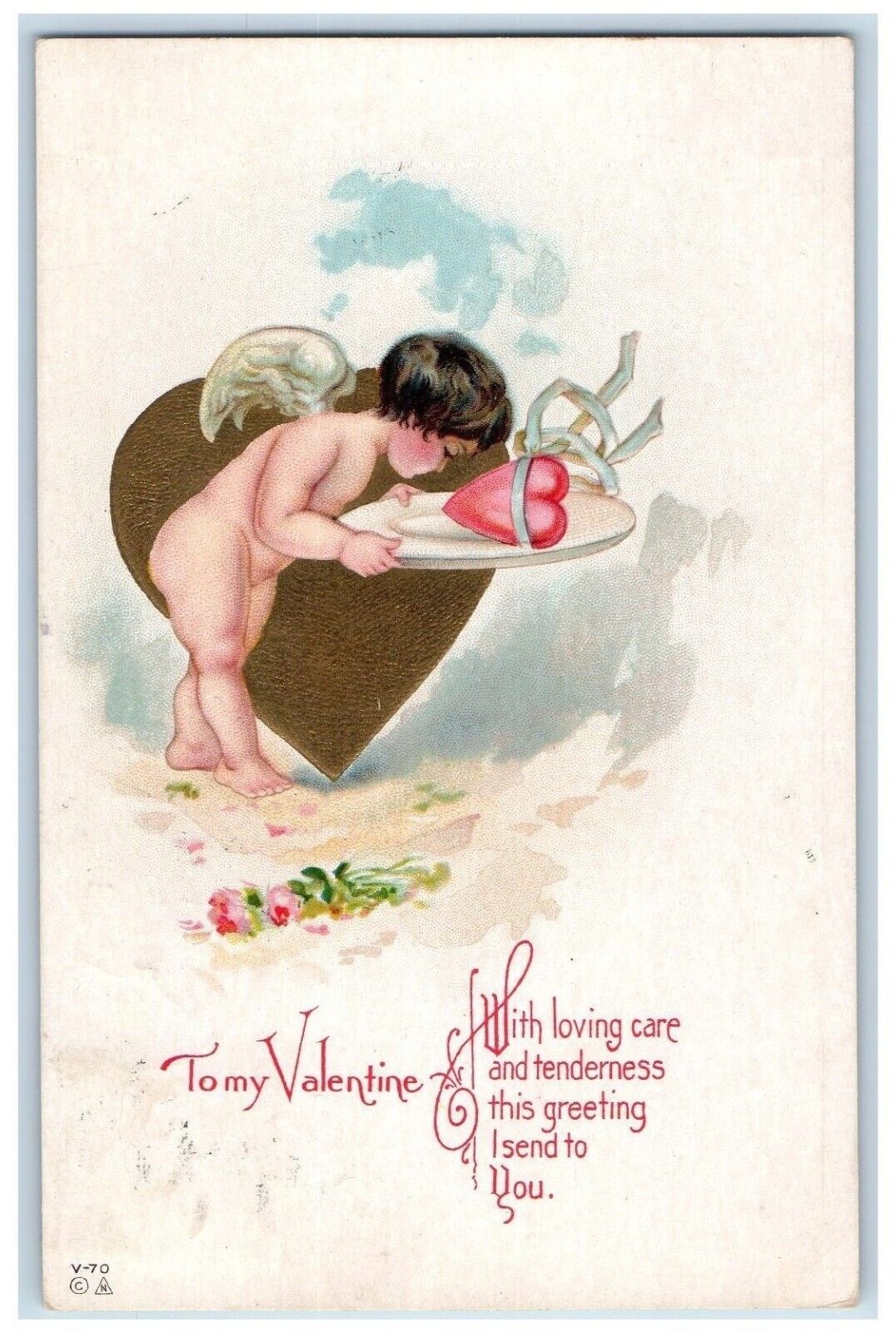 1917 Valentine Angel Bare Butt Gold Heart Embossed Utica Michigan MI Postcard