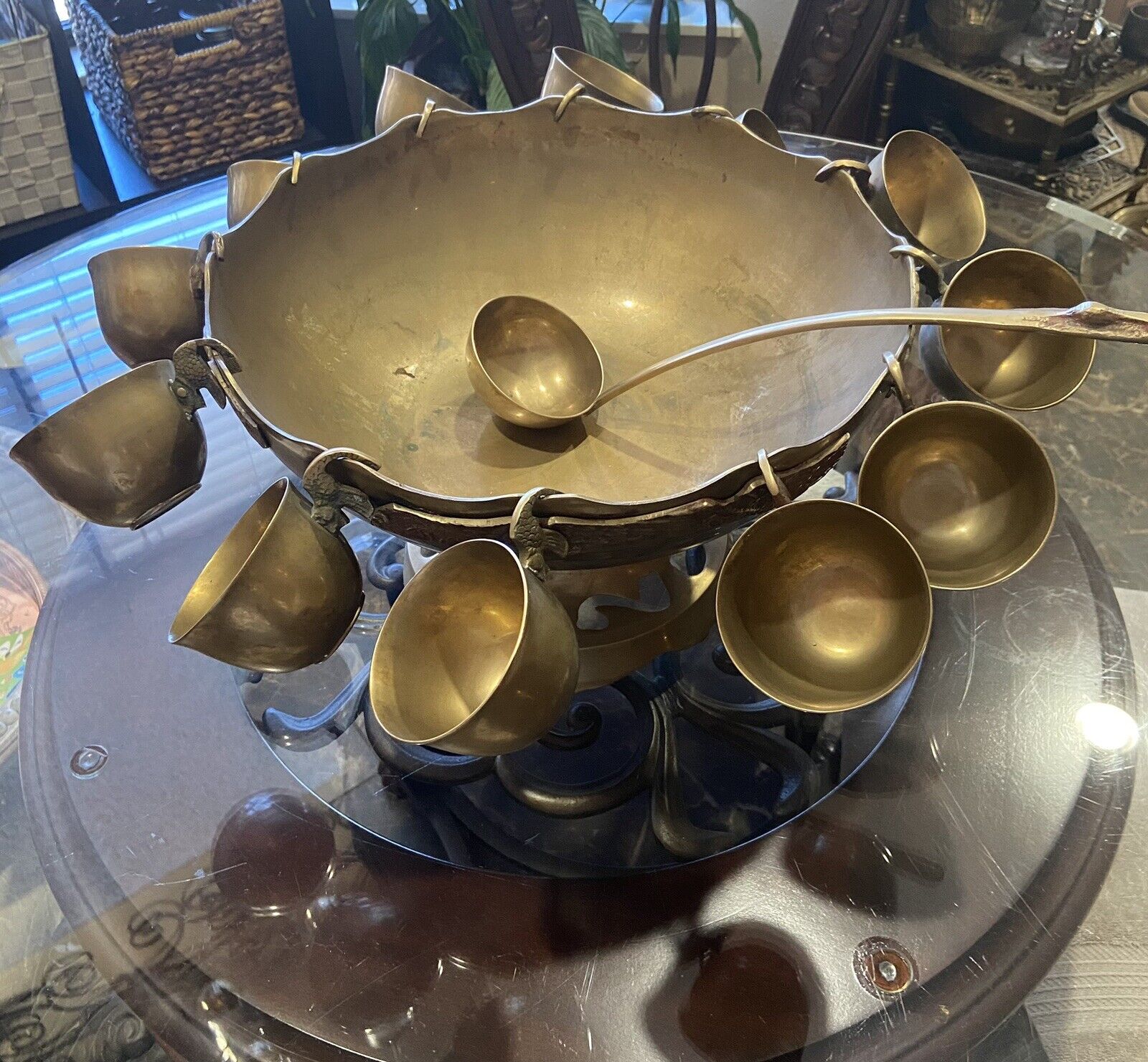 Vintage Brass Punch Bowl Set With 12 Cups and Ladle Unpolished