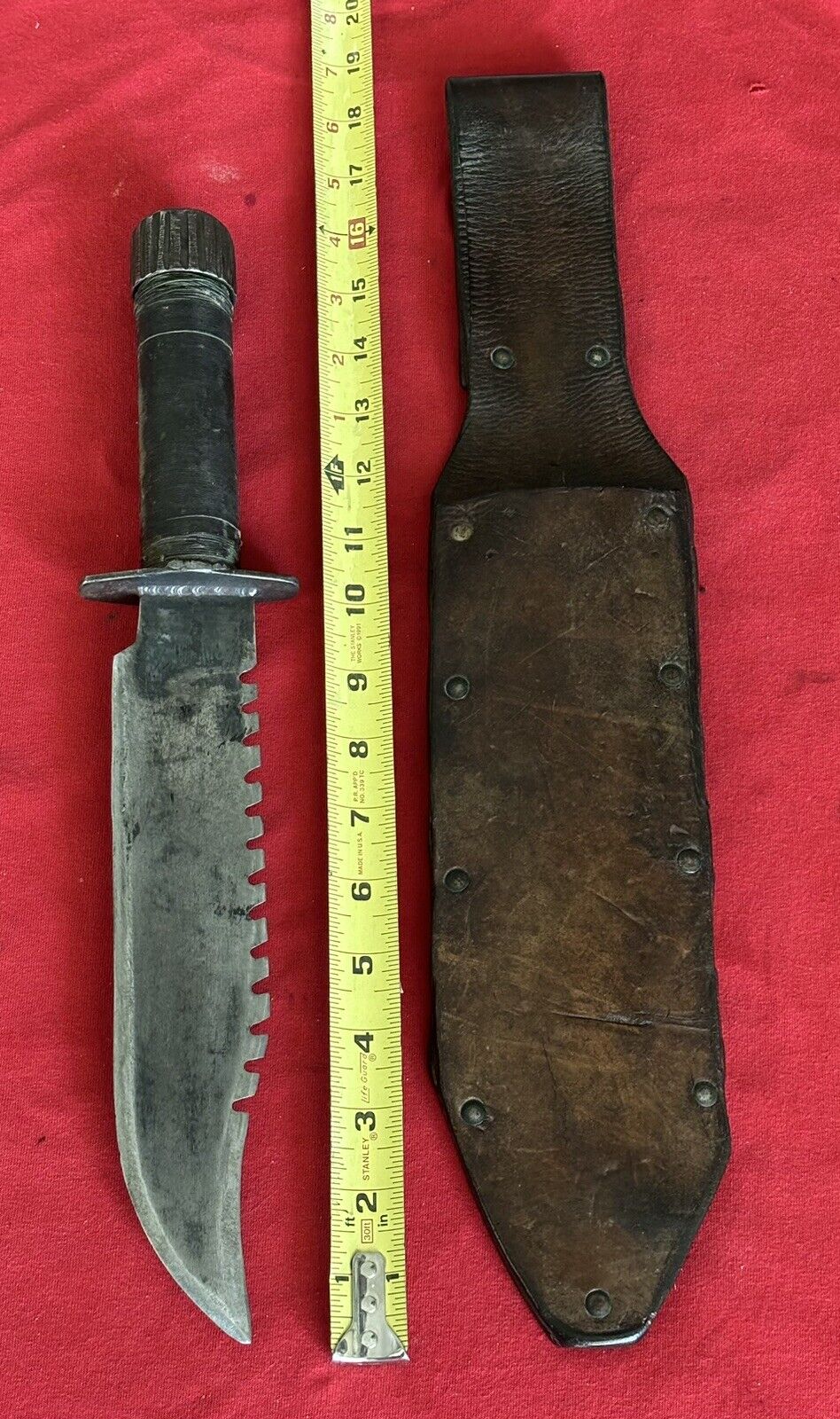WW2 THEATER KNIFE- 10” SAW BLADE - 15.5” OVERALL- QUICK DRAW LEATHER SHEATH