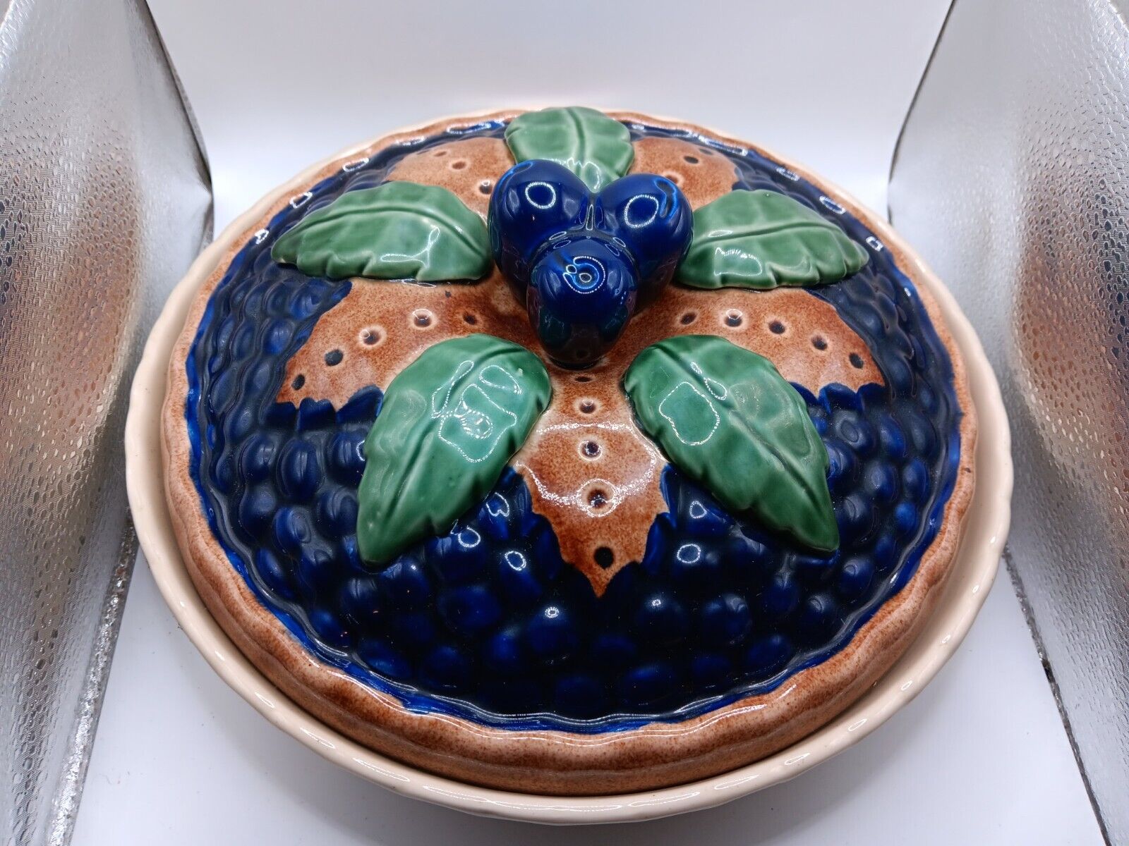 Vintage Blueberry Pie Pottery Ceramic Covered Dish Plate With Lid Keeper Server