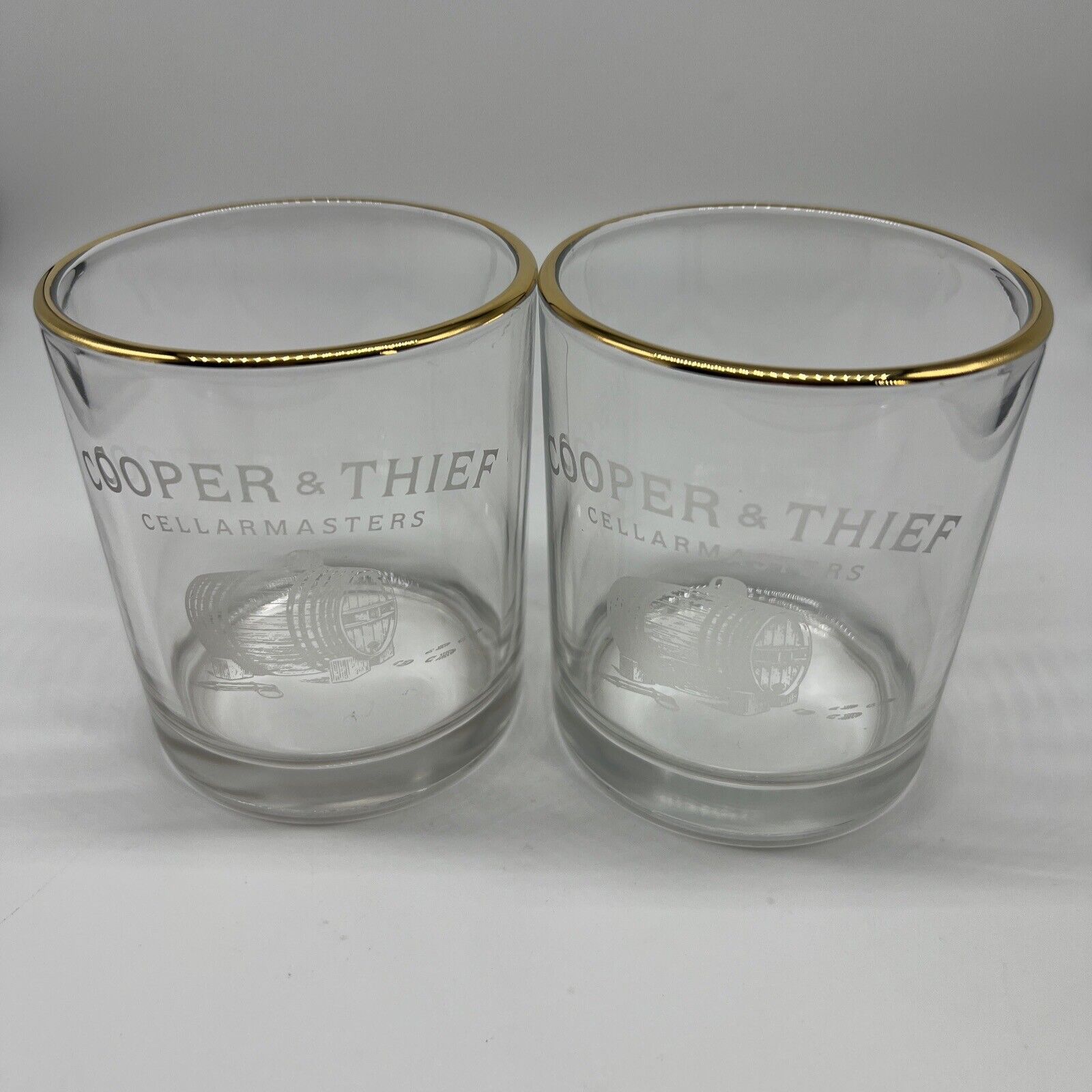 2 Cooper And Thief Cellarmaster Bourbon Whiskey Gold Rim Glasses Rocks 4”
